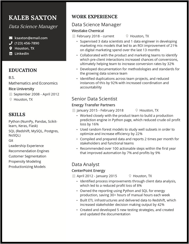 Data Science Manager Resume Sample