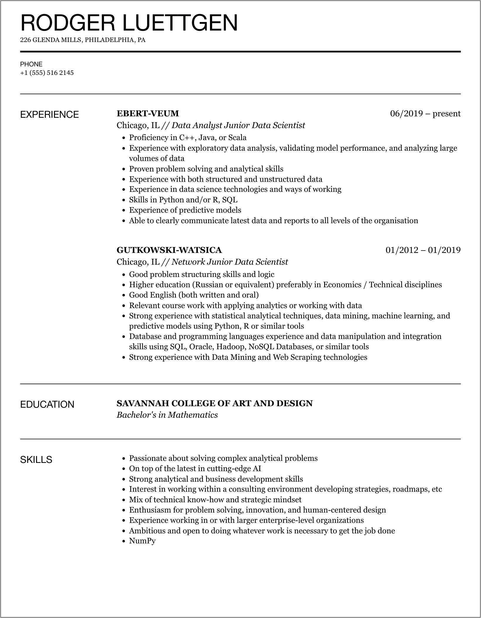 Data Science Resume Sample Pdf