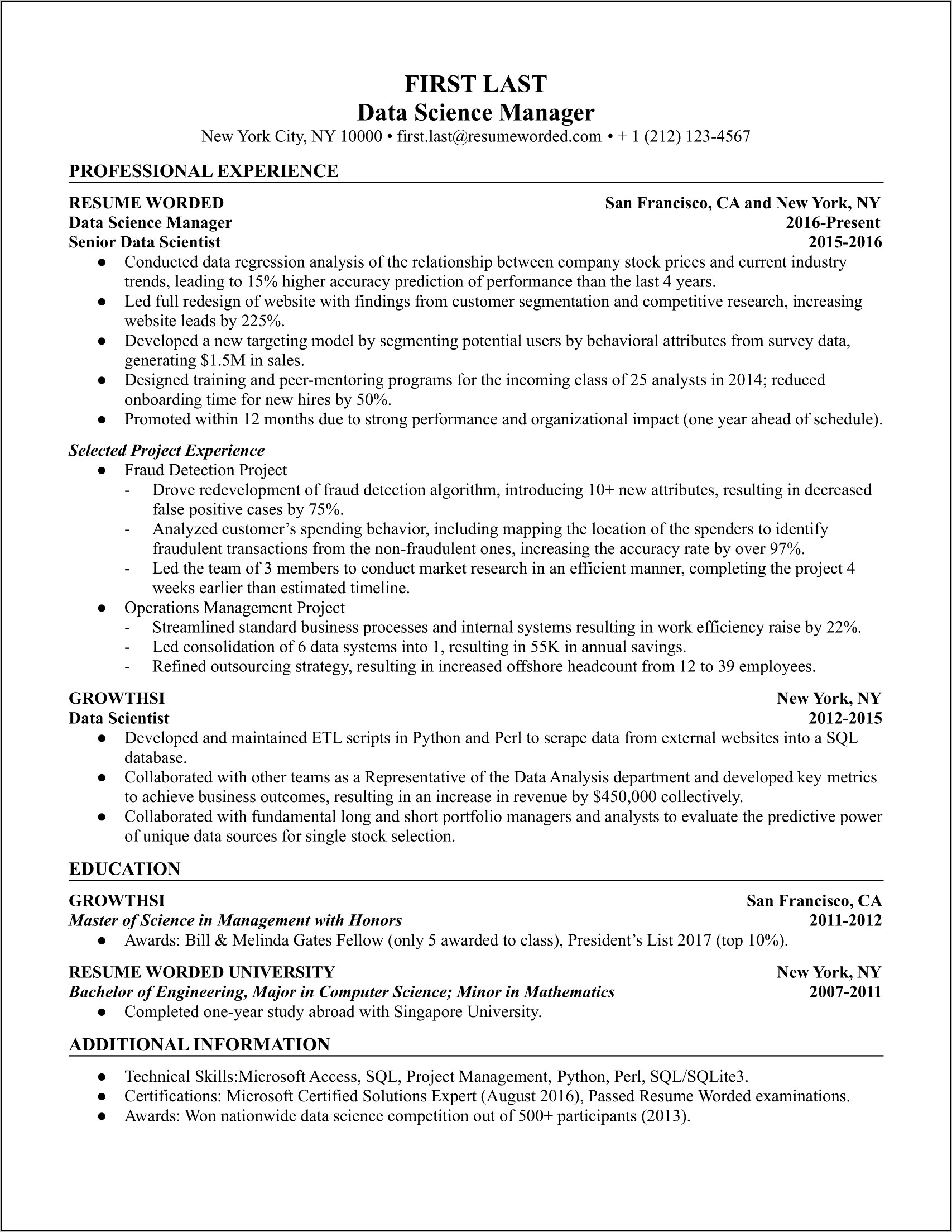 Data Scientist Resume Sample Summary