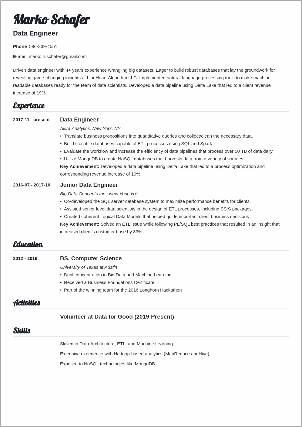 Data Warehouse Developer Sample Resume