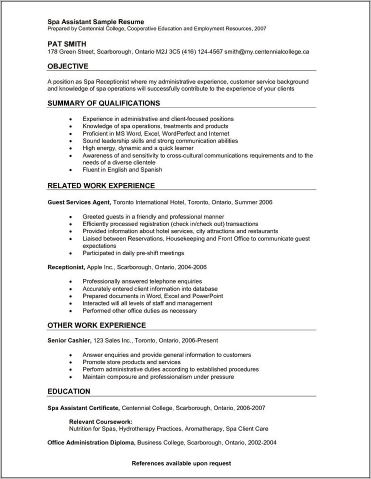 Day Spa Receptionist Resume Sample