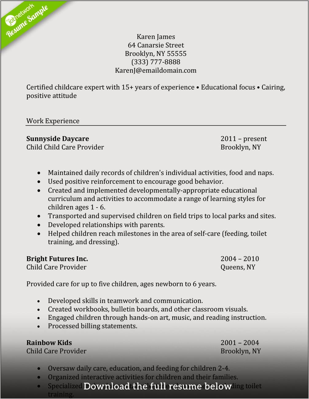 Daycare Job Description For Resume