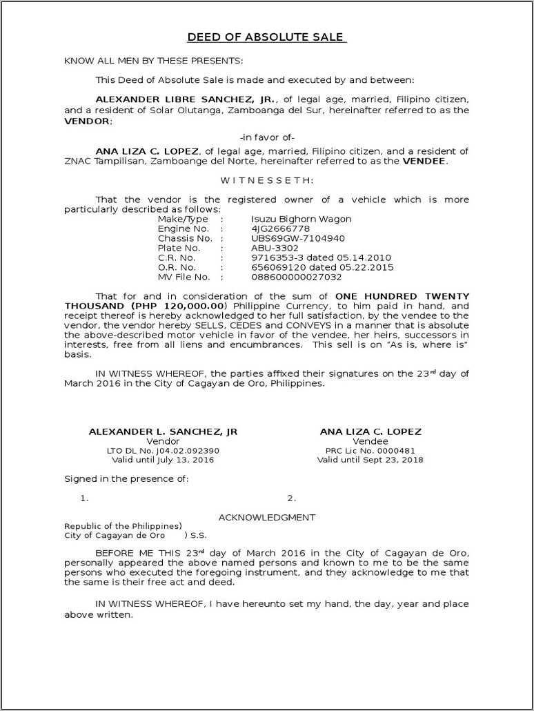 Deed Of Absolute Sale Template Download