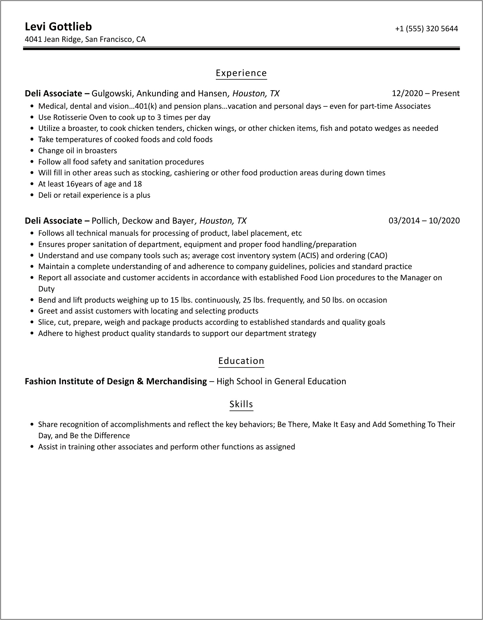 Deli Associate Job Description Resume