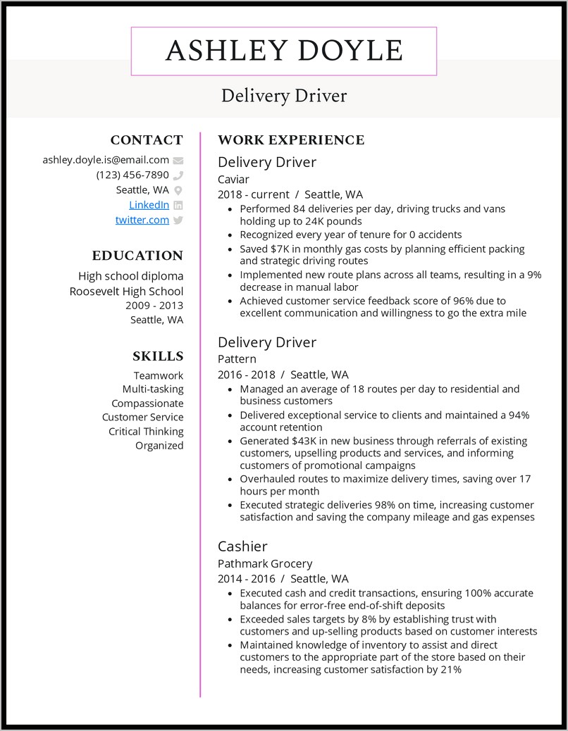 Delivery Job Description For Resume