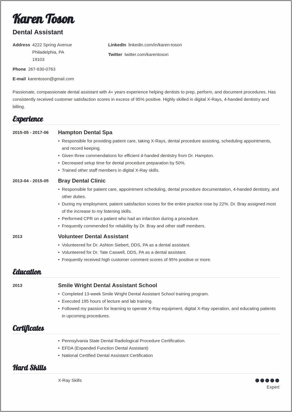 Dental Assistant Student Resume Sample