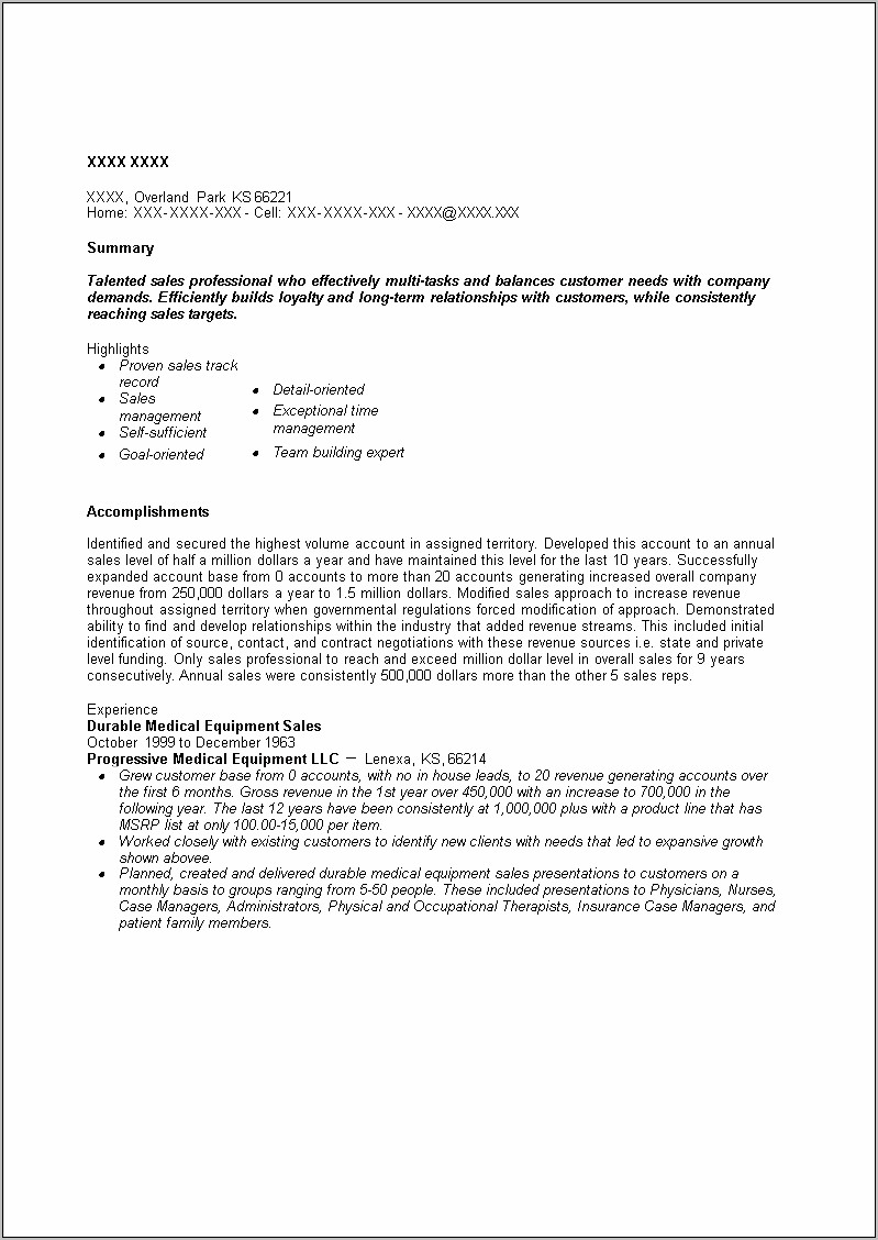 Dental Equipment Sales Resume Sample