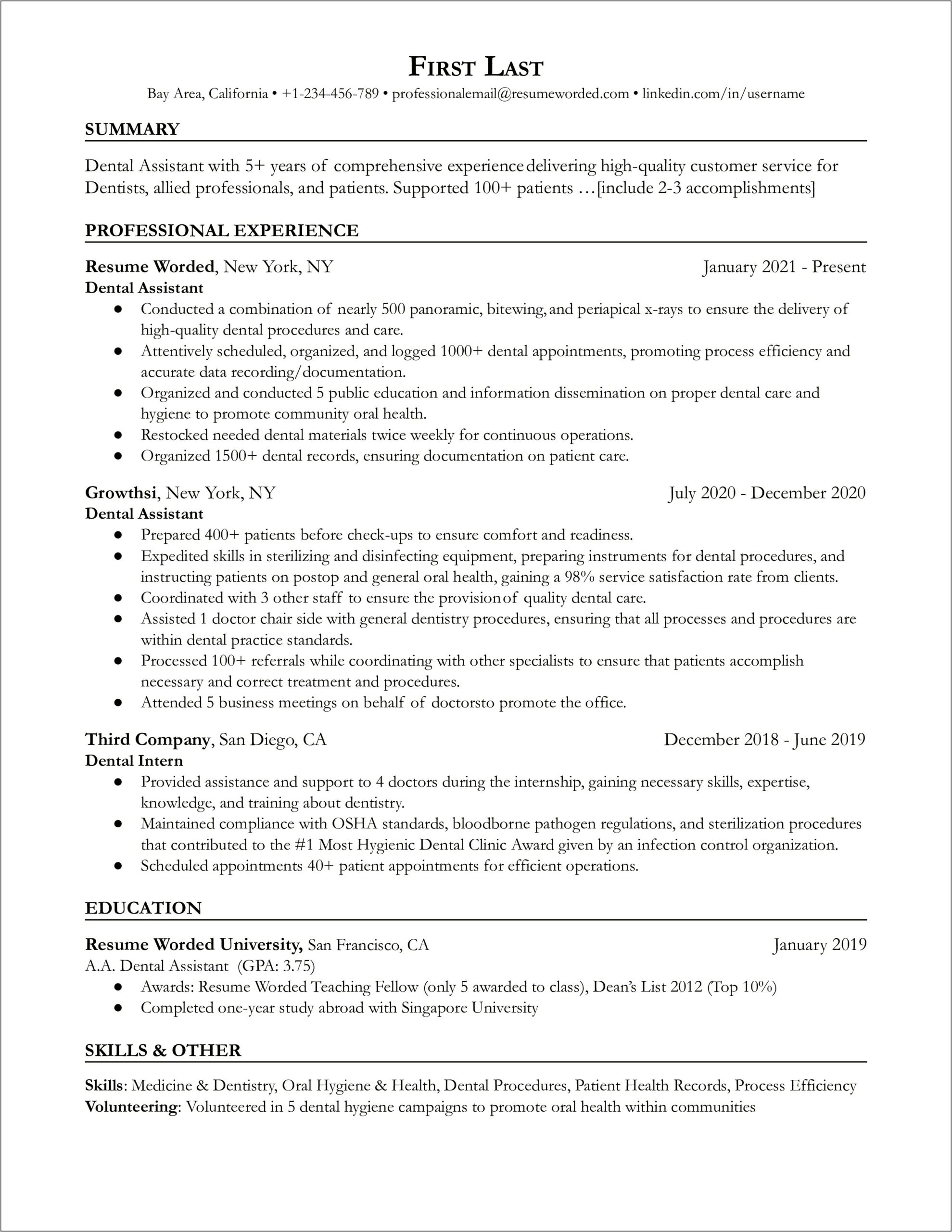 Dental Hygiene Student Resume Sample