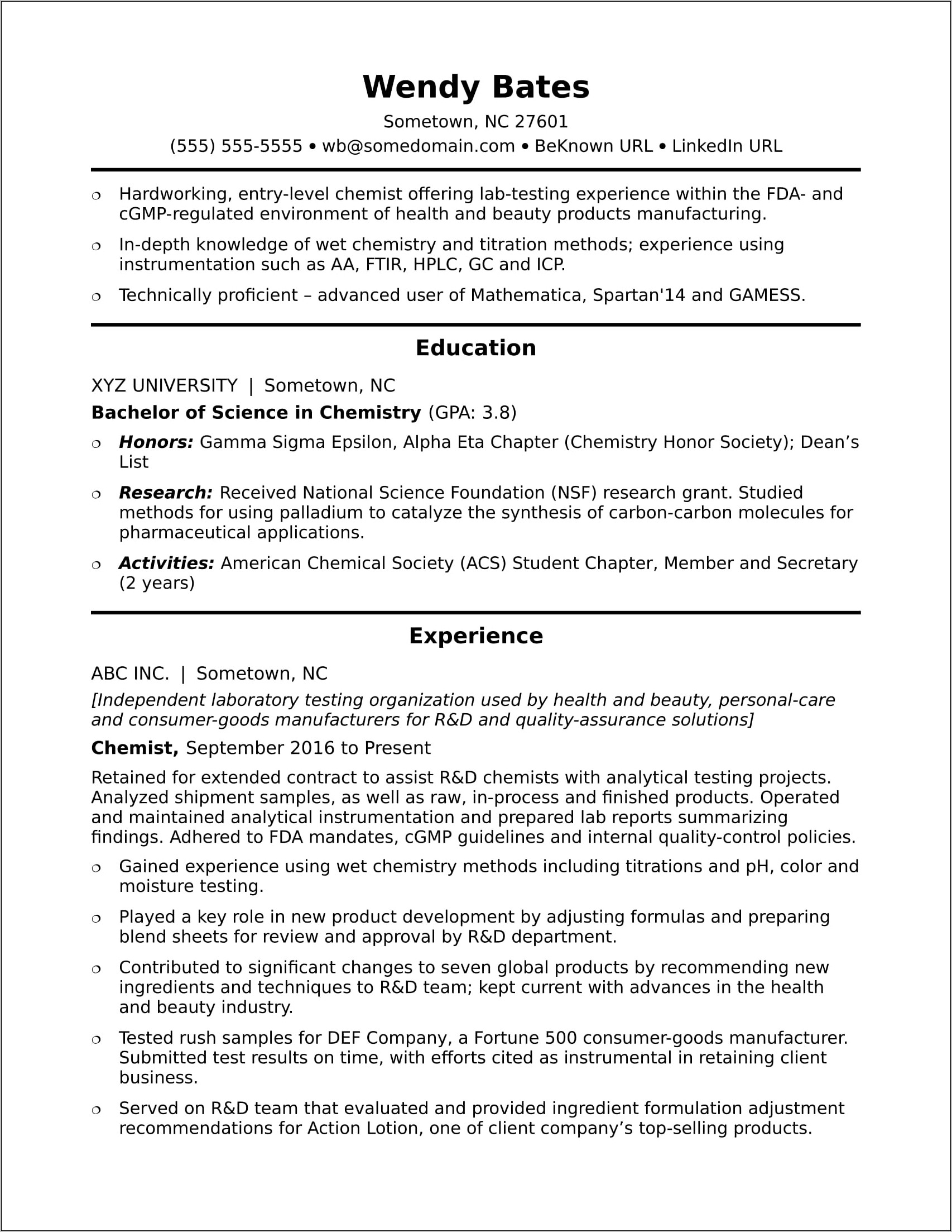 Department Of Labor Sample Resume