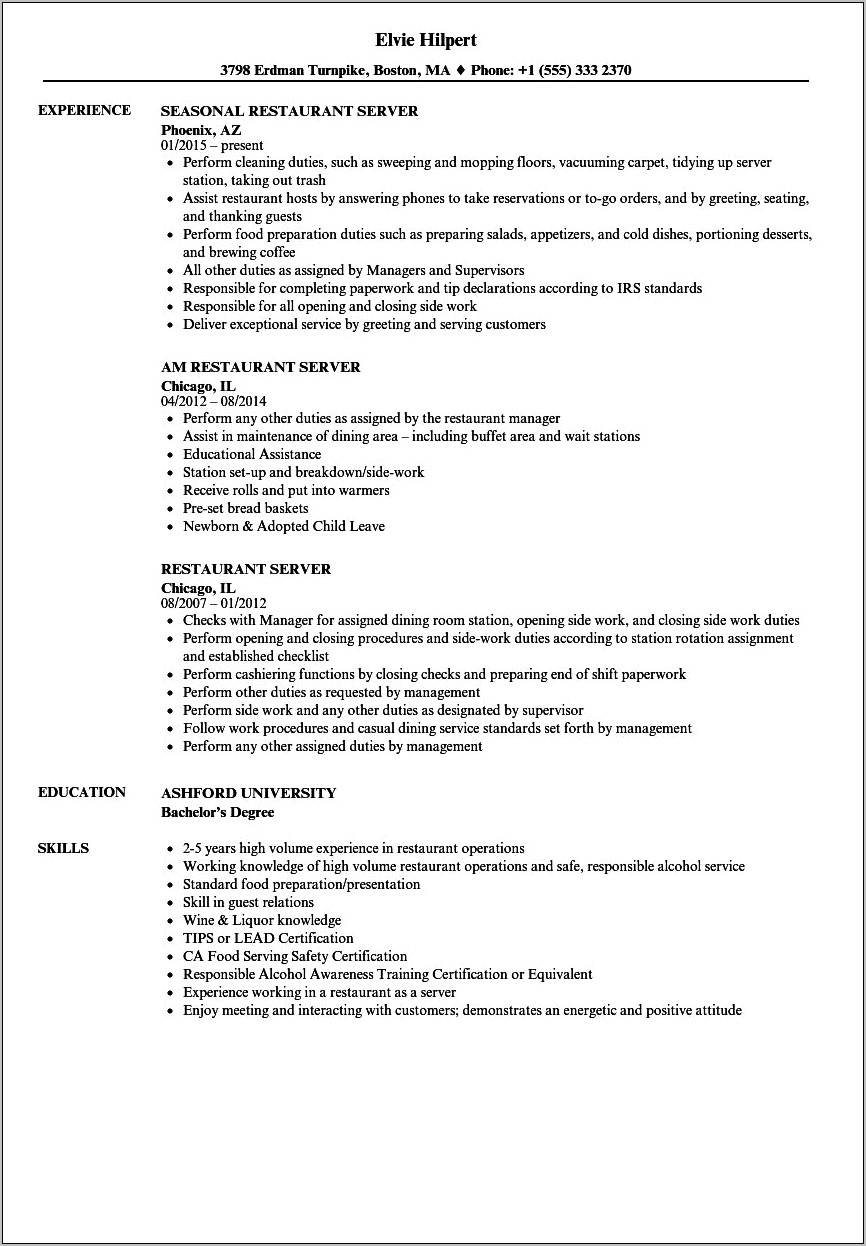 Description Of Serving Job Resume