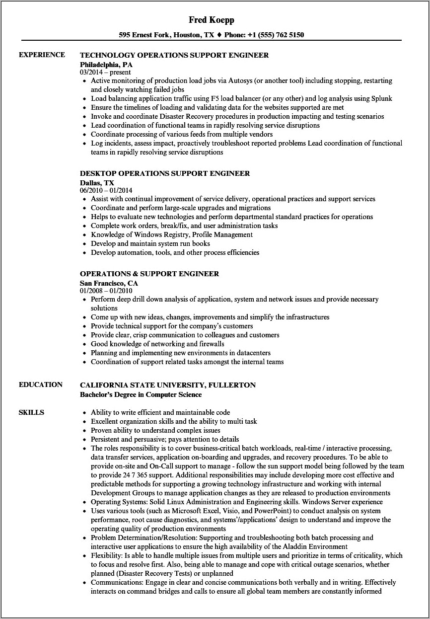 Desktop Support Engineer Skills Resume