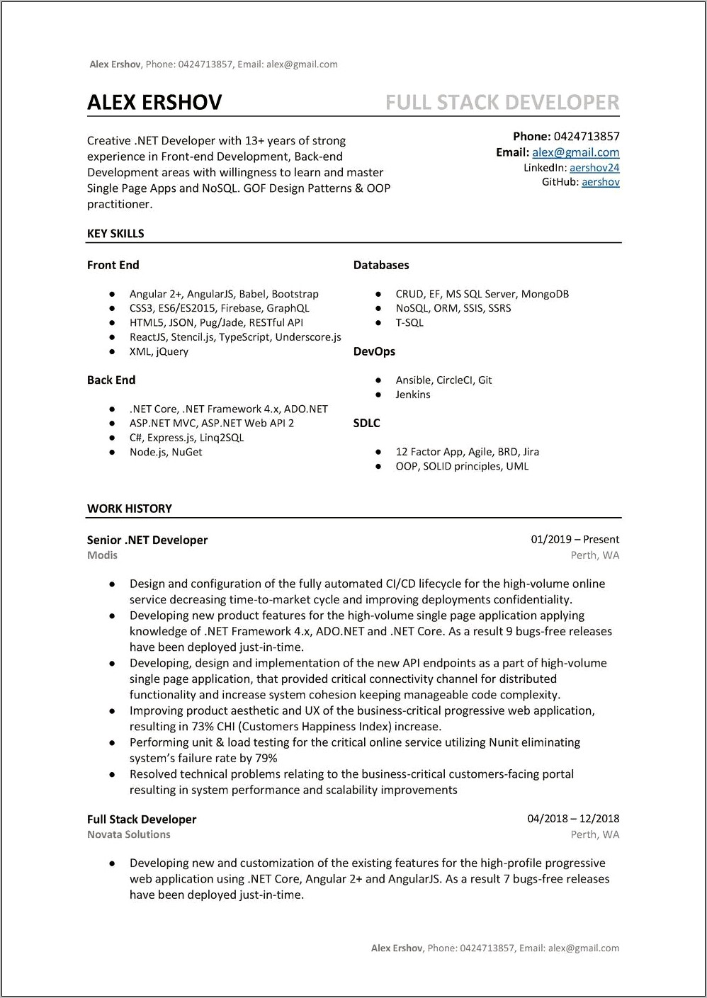 Developer Resume Sample For Fresher