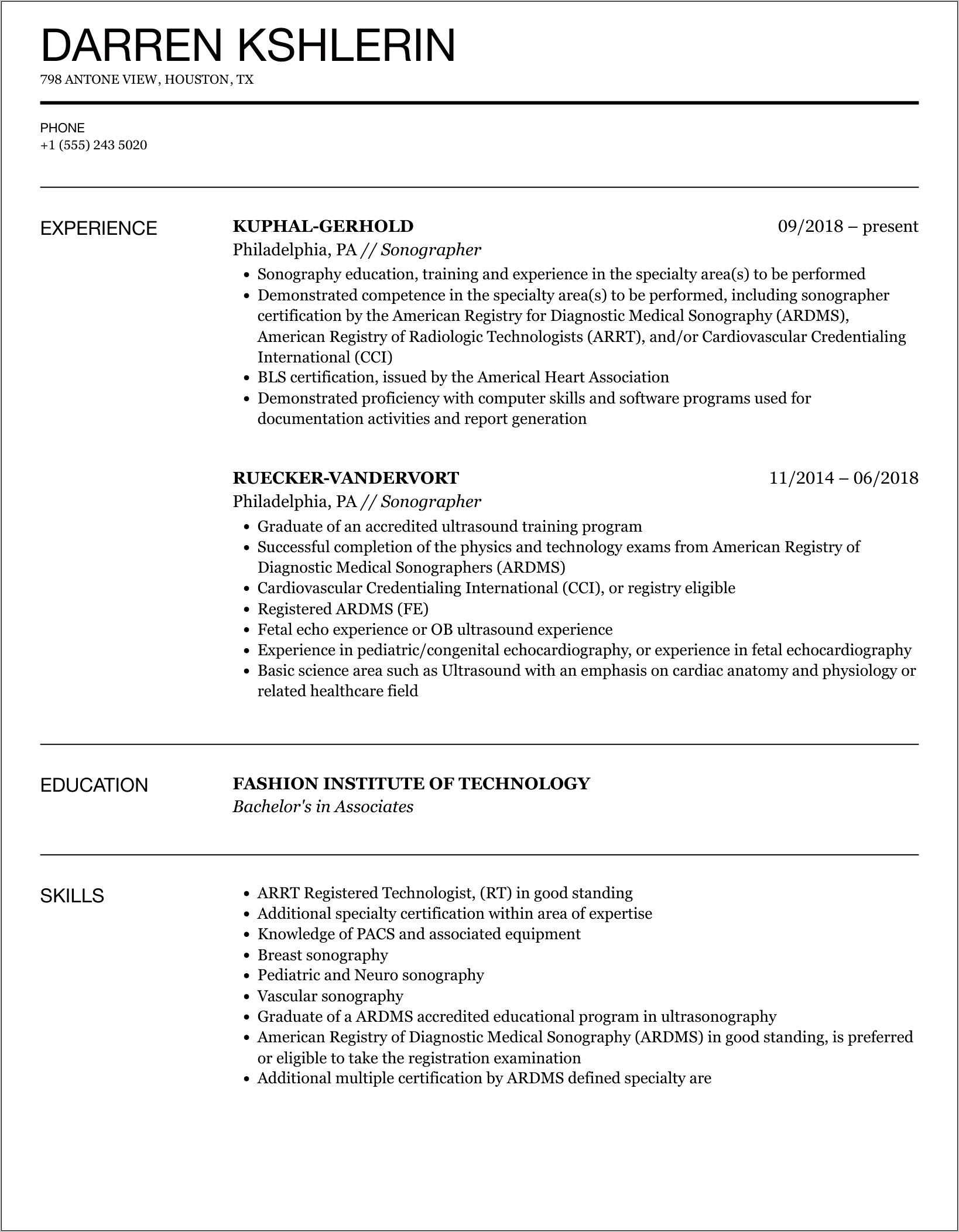 Diagnostic Medical Sonographer Resume Examples