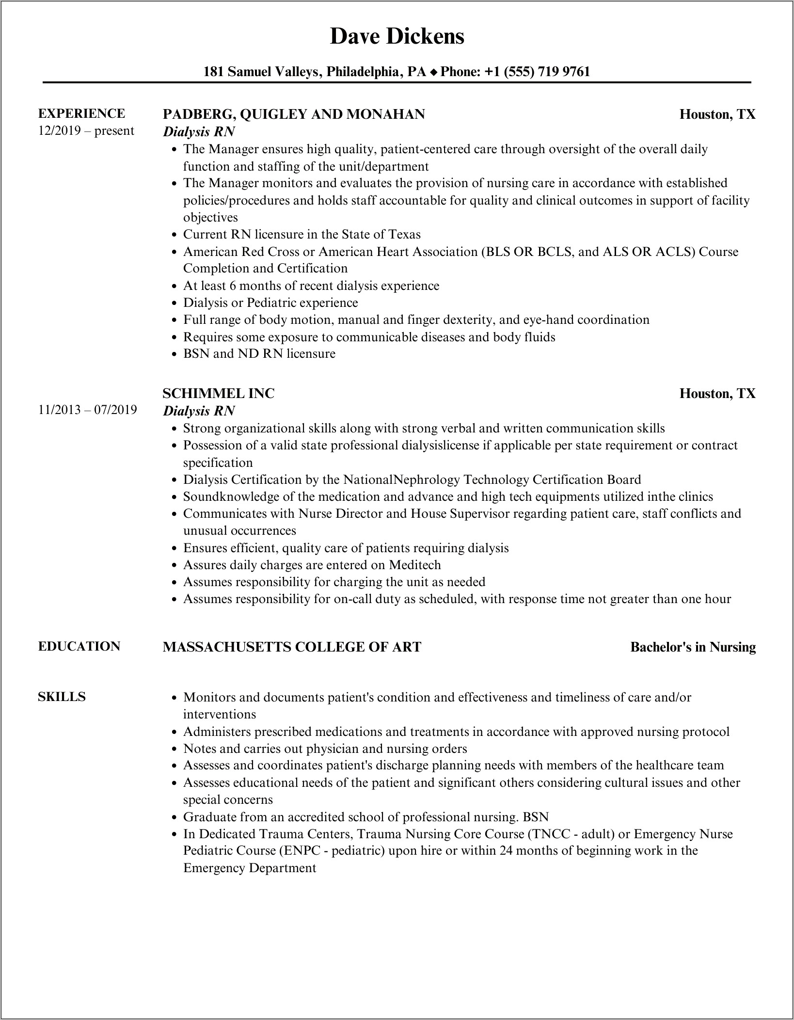 Dialysis Manager August Nurse Resume