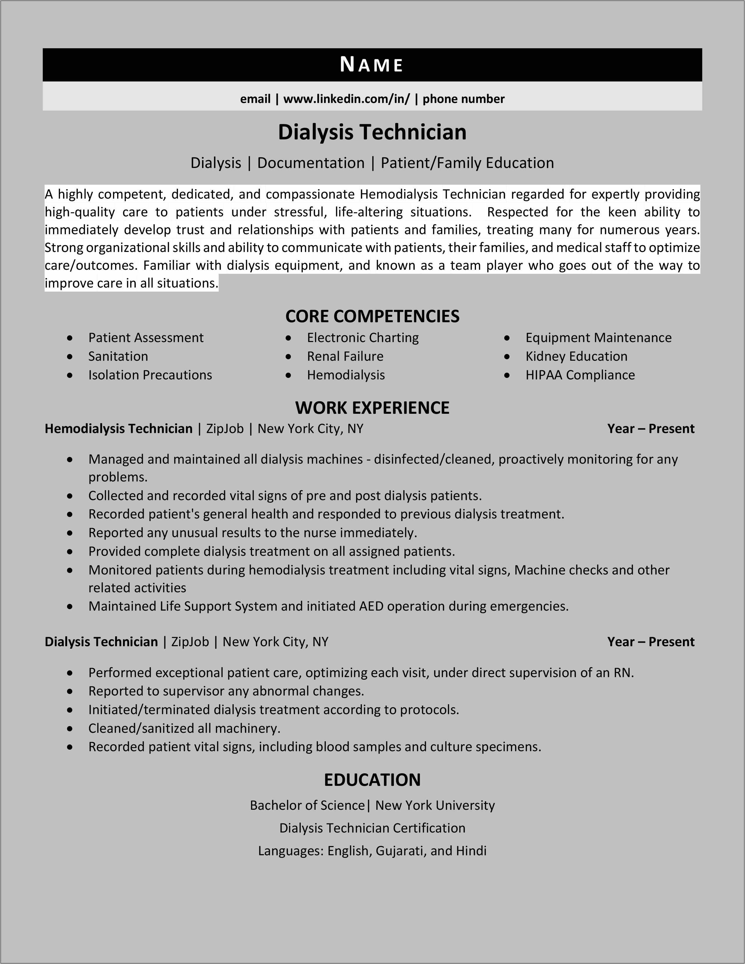 Dialysis Technician Resume Summary Examples