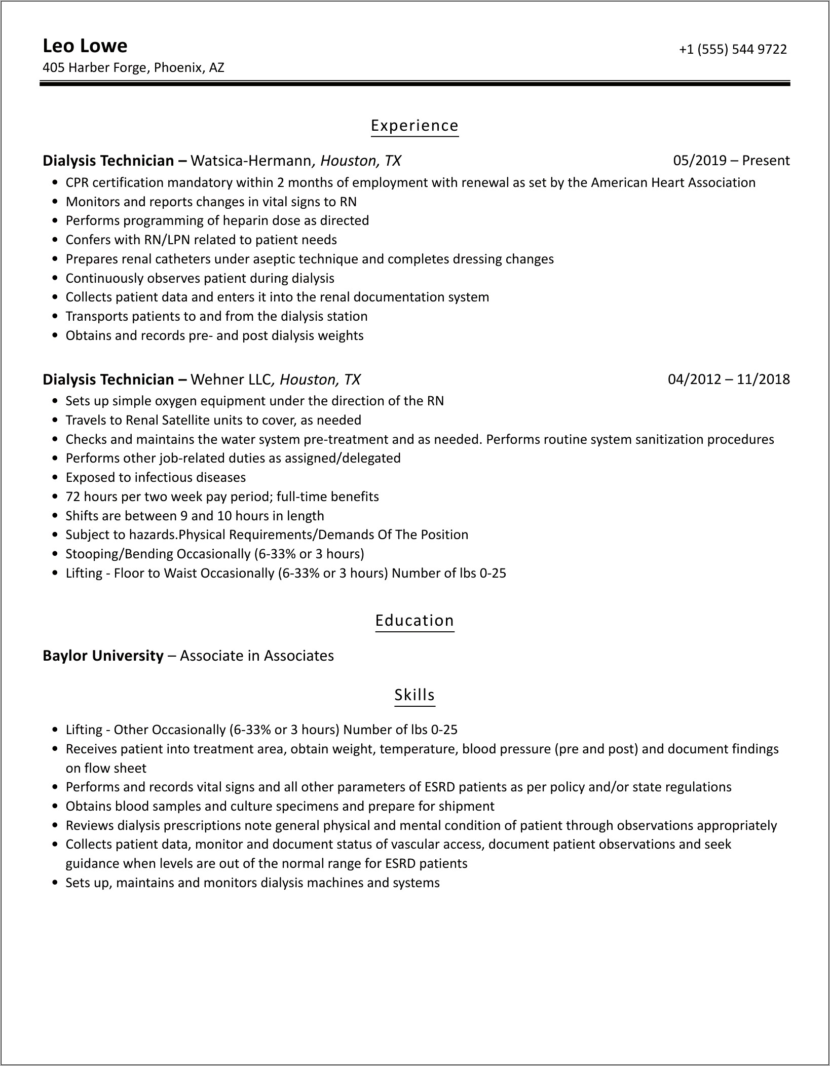 Dialysis Technician Training Resume Sample