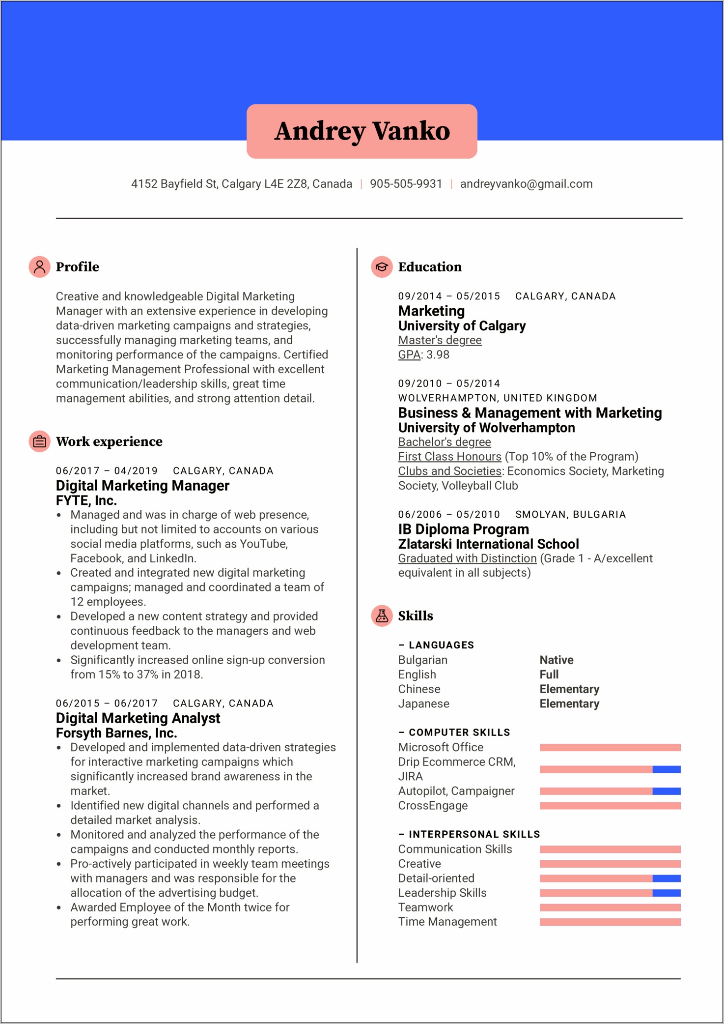 Digital Marketing Resume Template Free