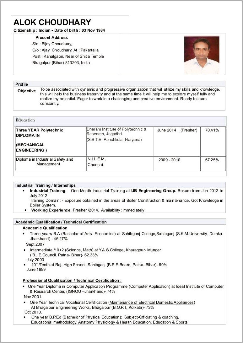 Diploma Mechanical Job Resume Format