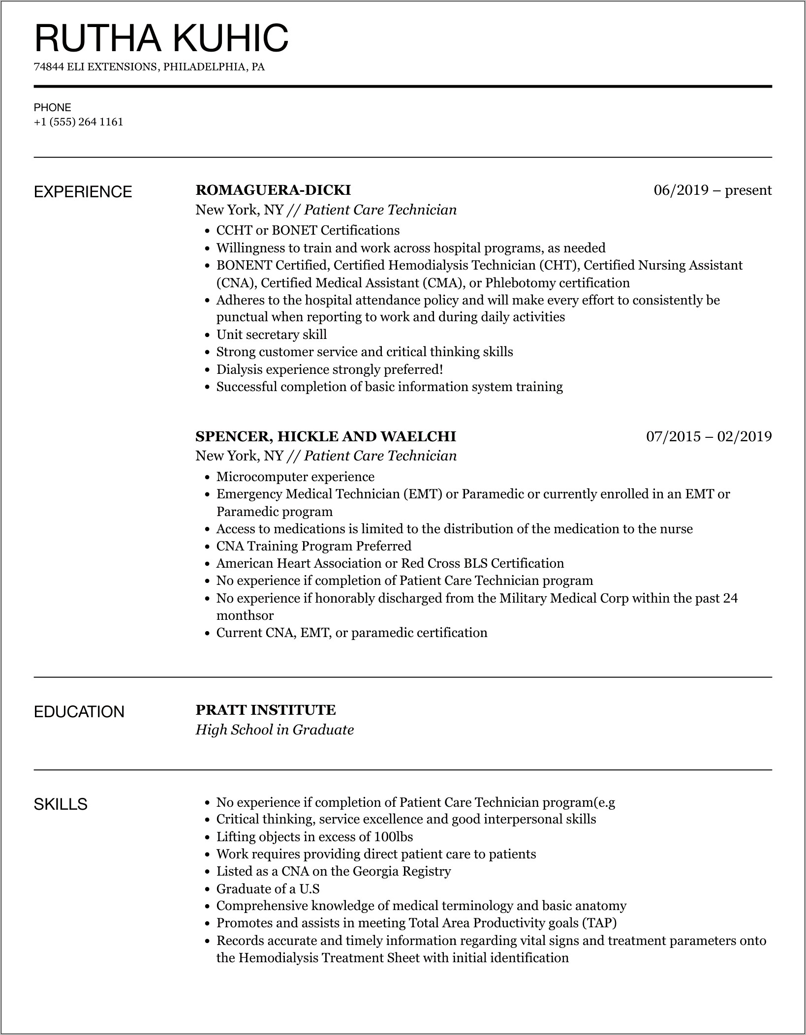 Direct Patient Care Skills Resume