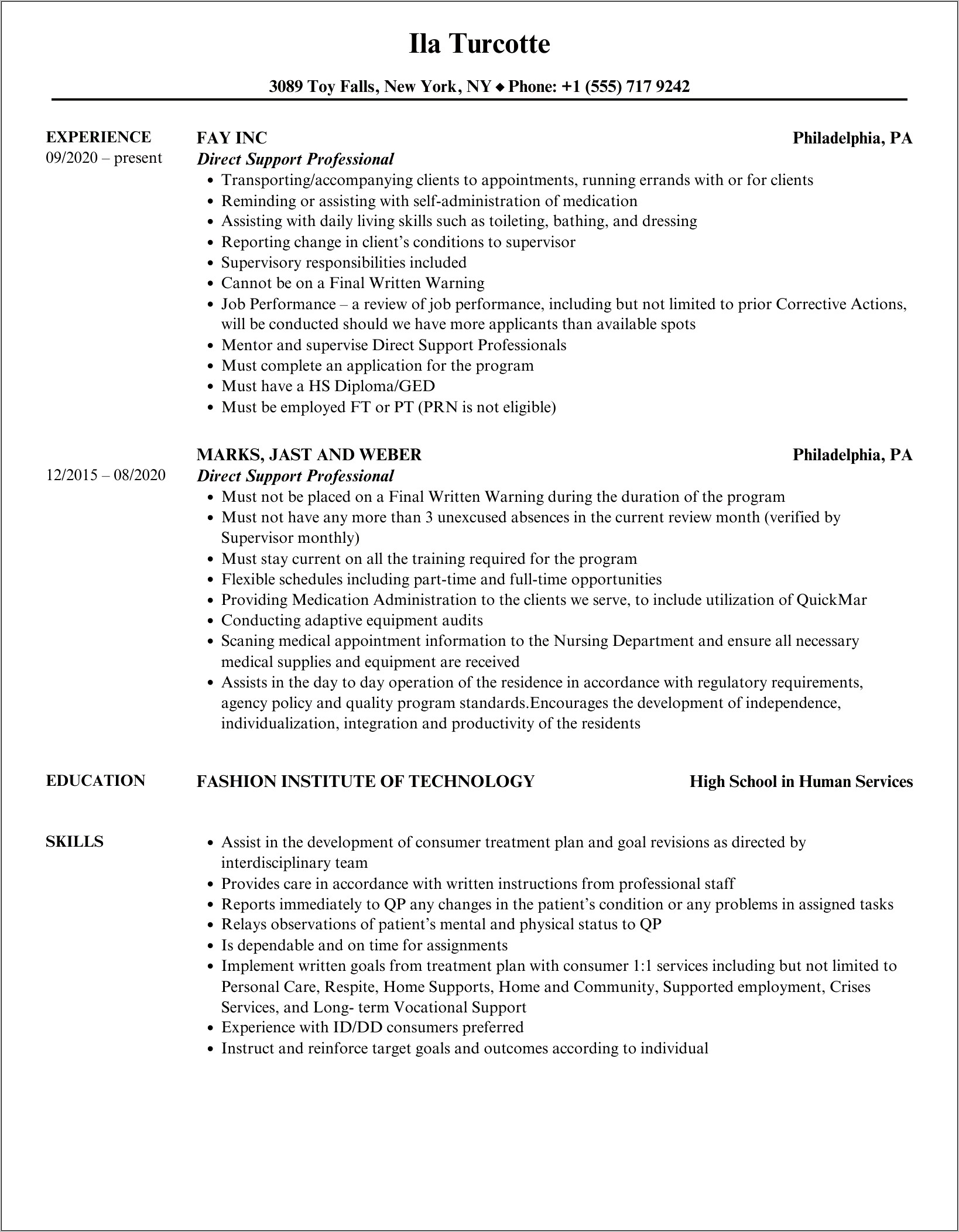 Direct Support Professional Resume Sample