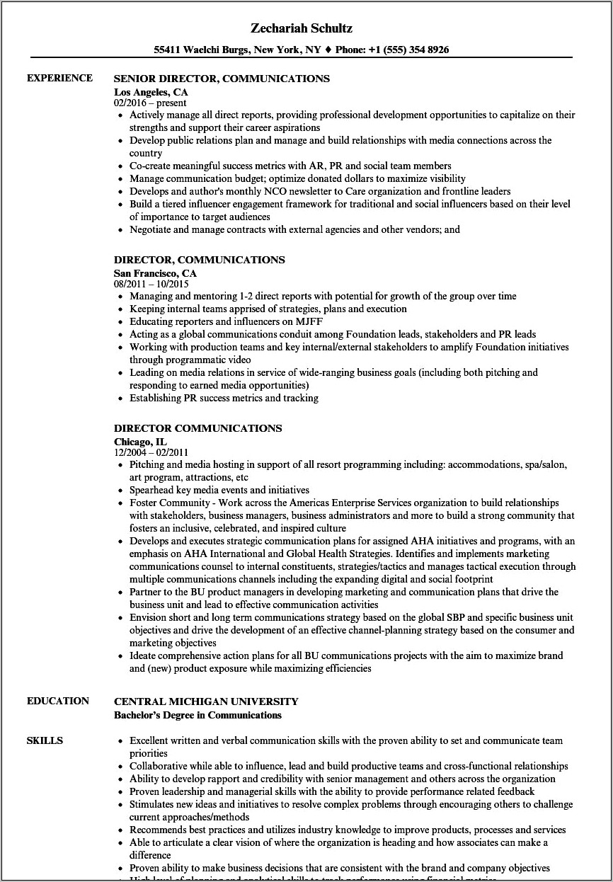 Director Of Communications Resume Examples