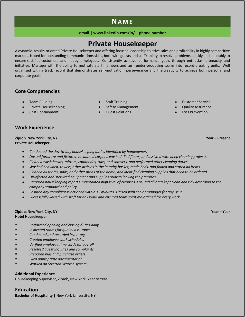 Director Of Housekeeping Objective Resume