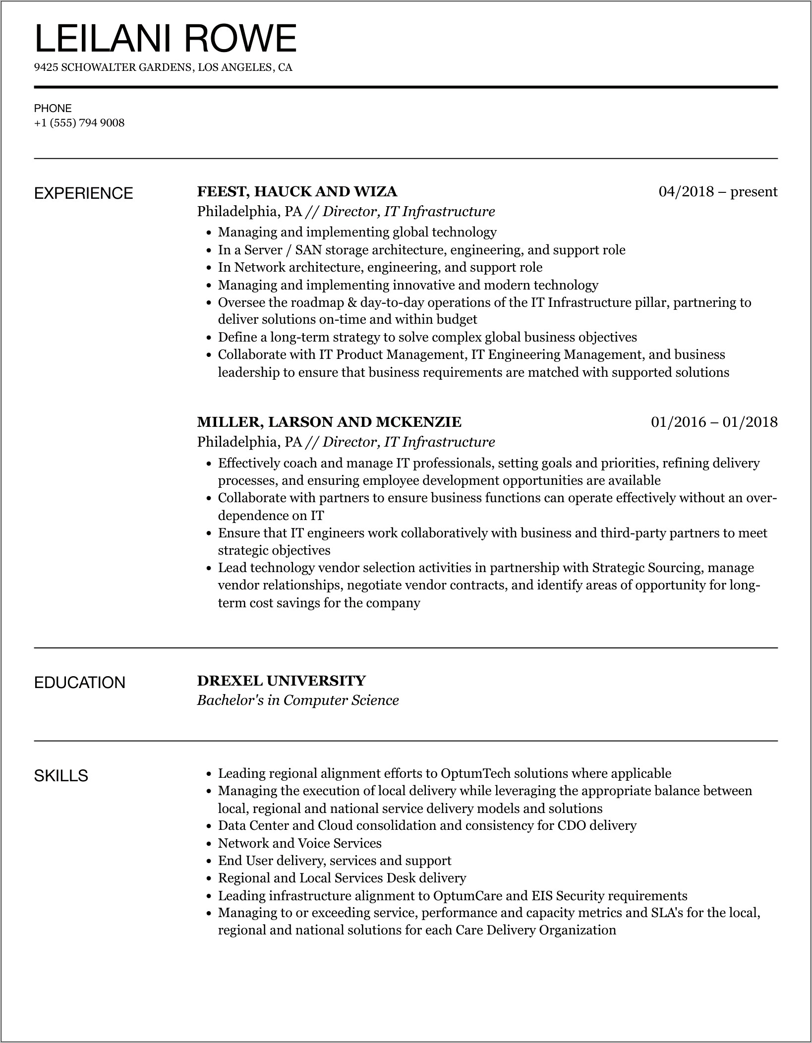 Director Of Infrastructure Resume Examples