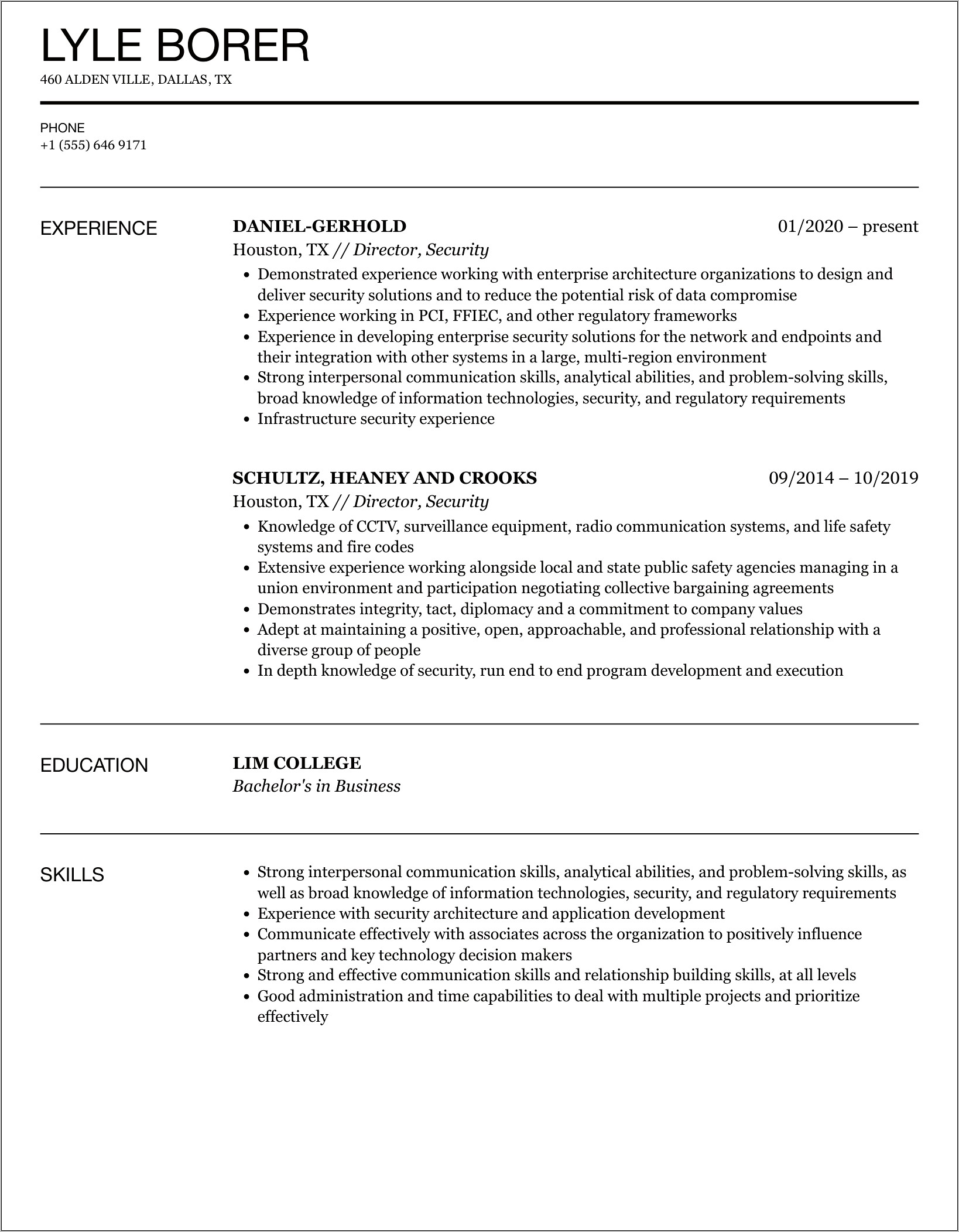 Director Of Security Resume Samples