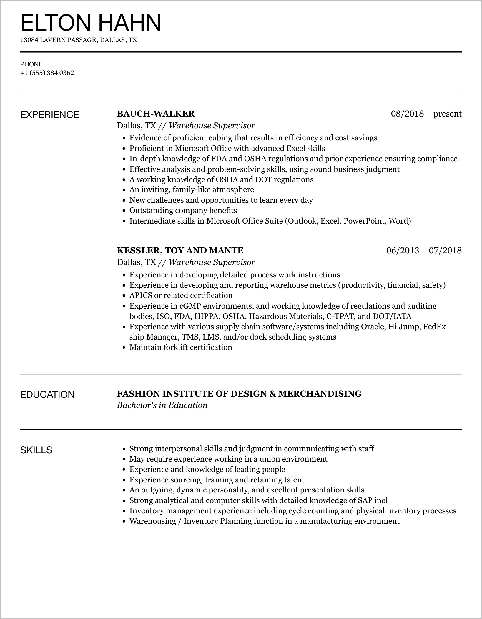 Distribution Center Supervisor Resume Sample