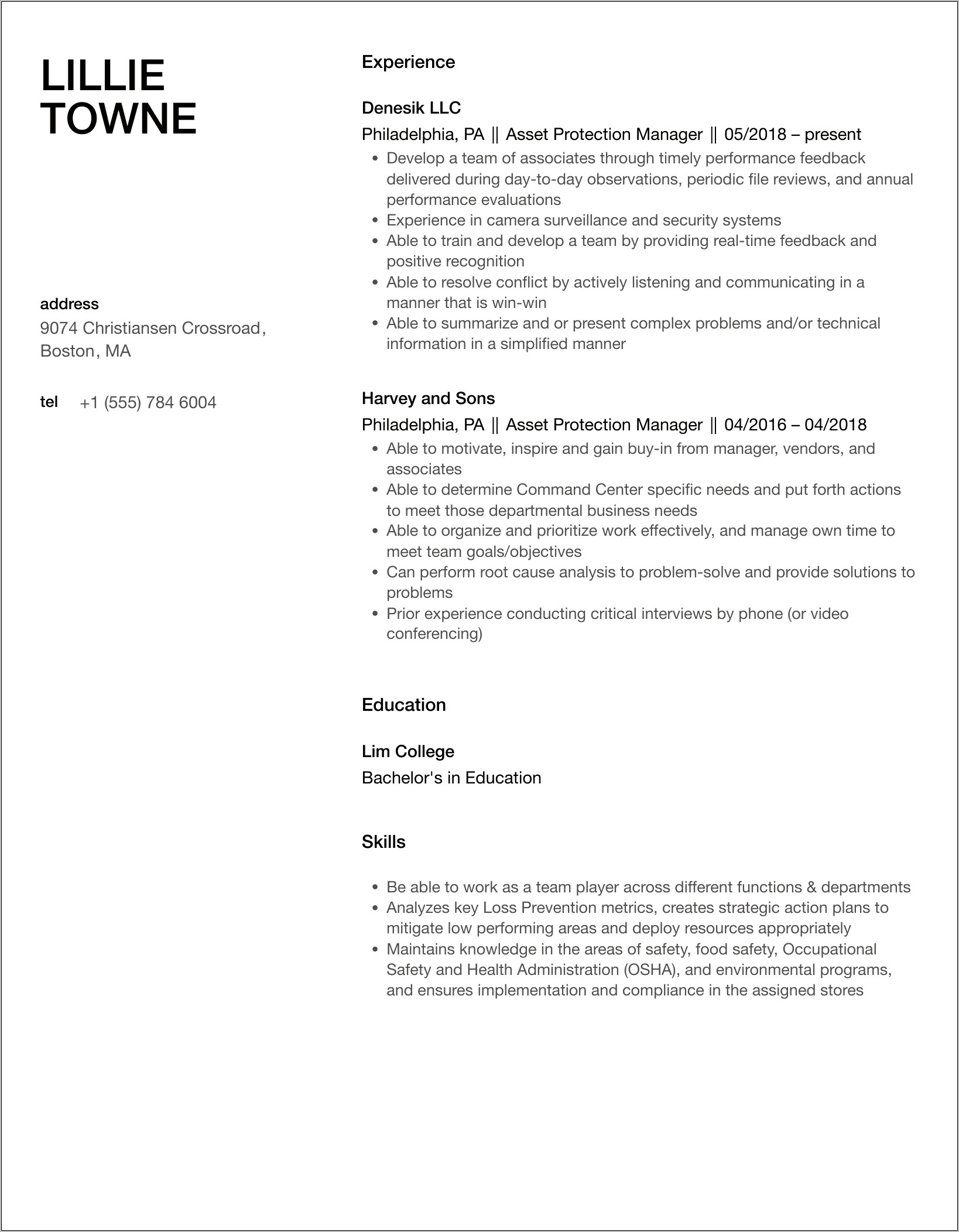 District Asset Protection Manager Resume