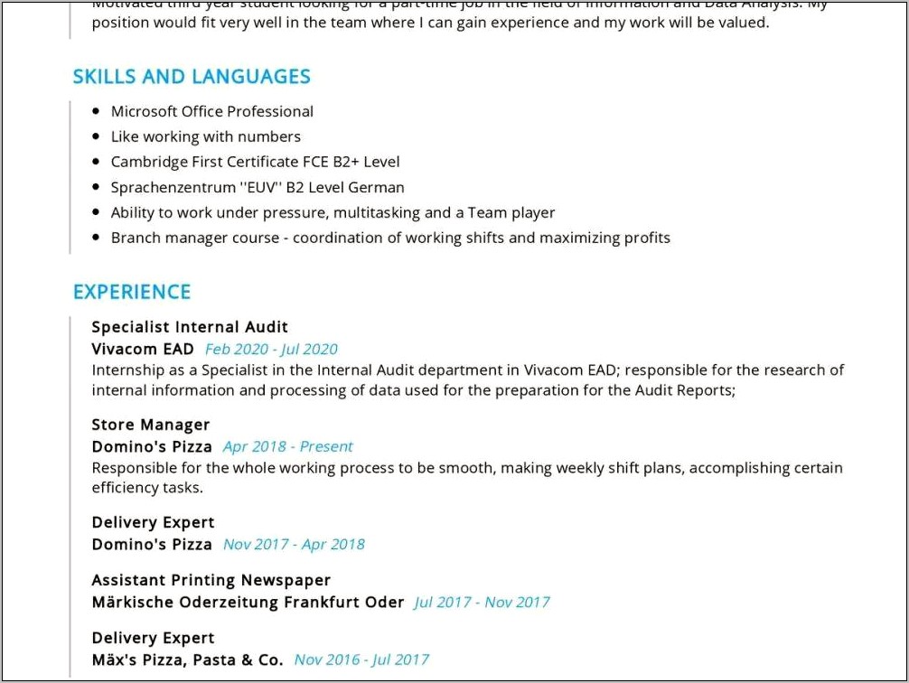 Domino's Pizza Resume Sample