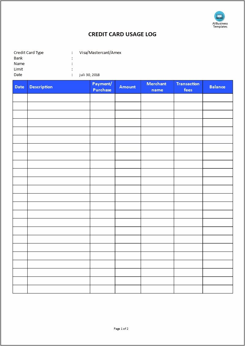 Download Credit Card Log Pdf Template