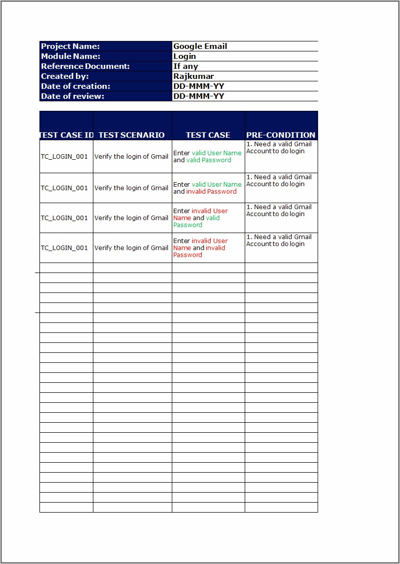 Download Excel Template For Test Cases