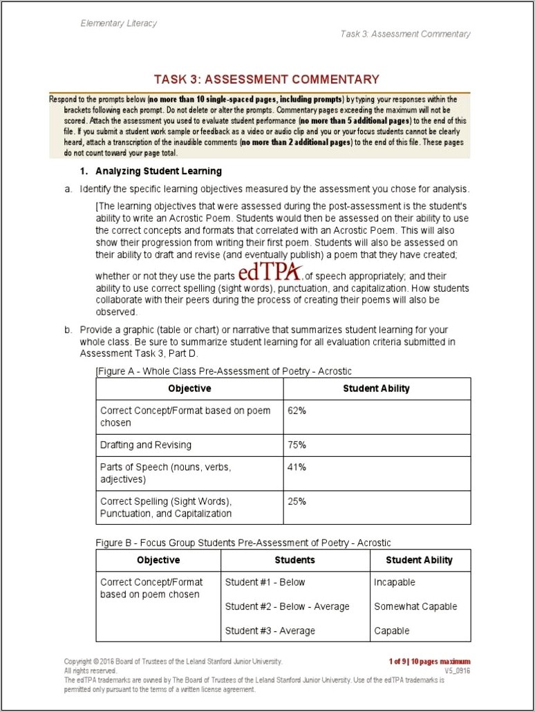 Download Literacy Assessment Commentary Edtpa Template