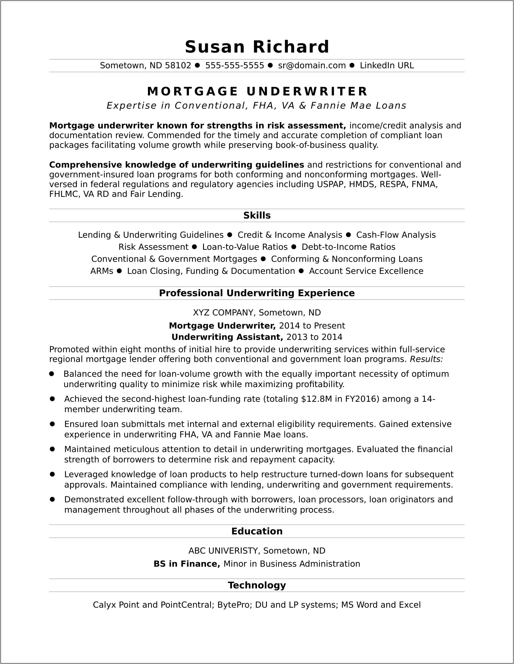 Due Diligence Underwriter Resume Example