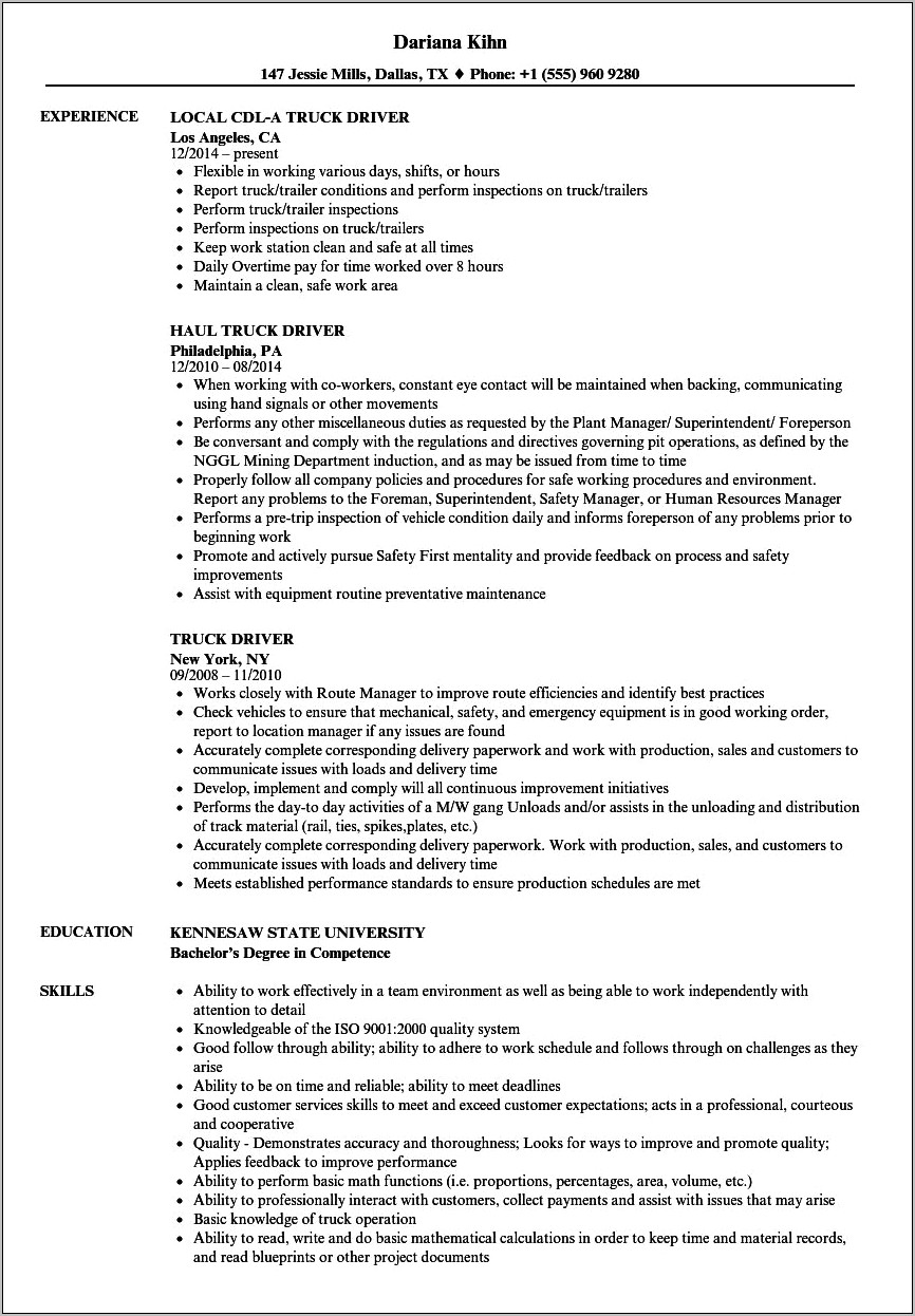 Dump Truck Driver Resume Example