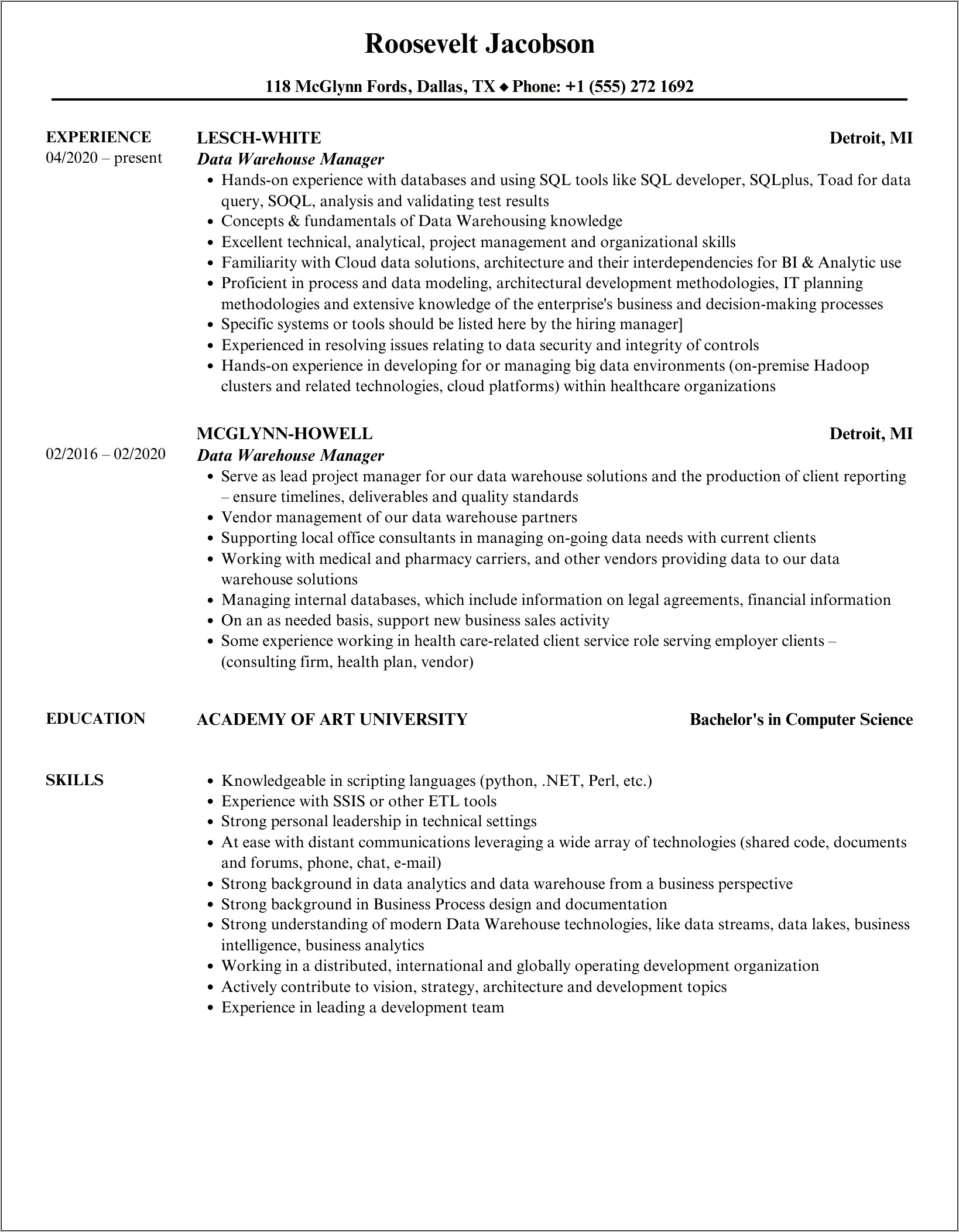 Dw Bi Project Manager Resume