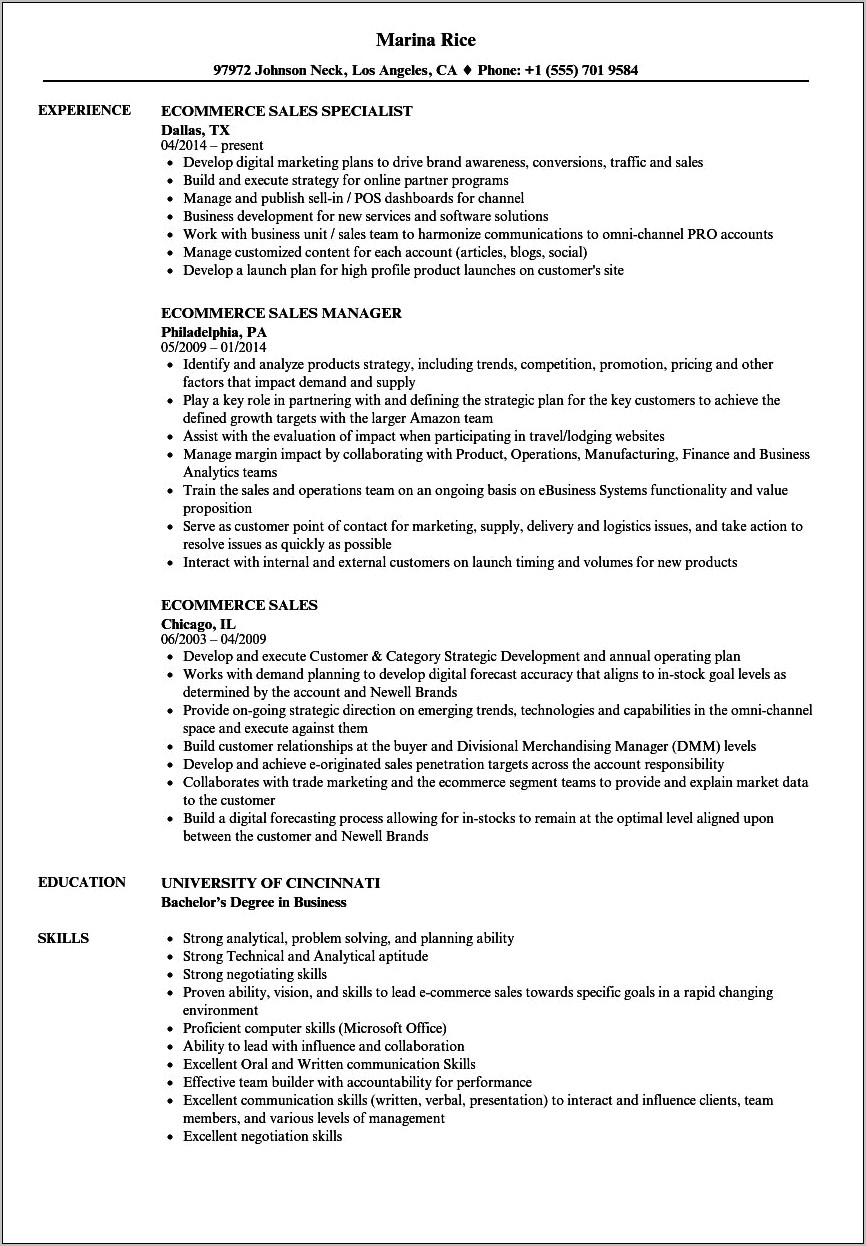 E Commerce Job Responsibilities Resume
