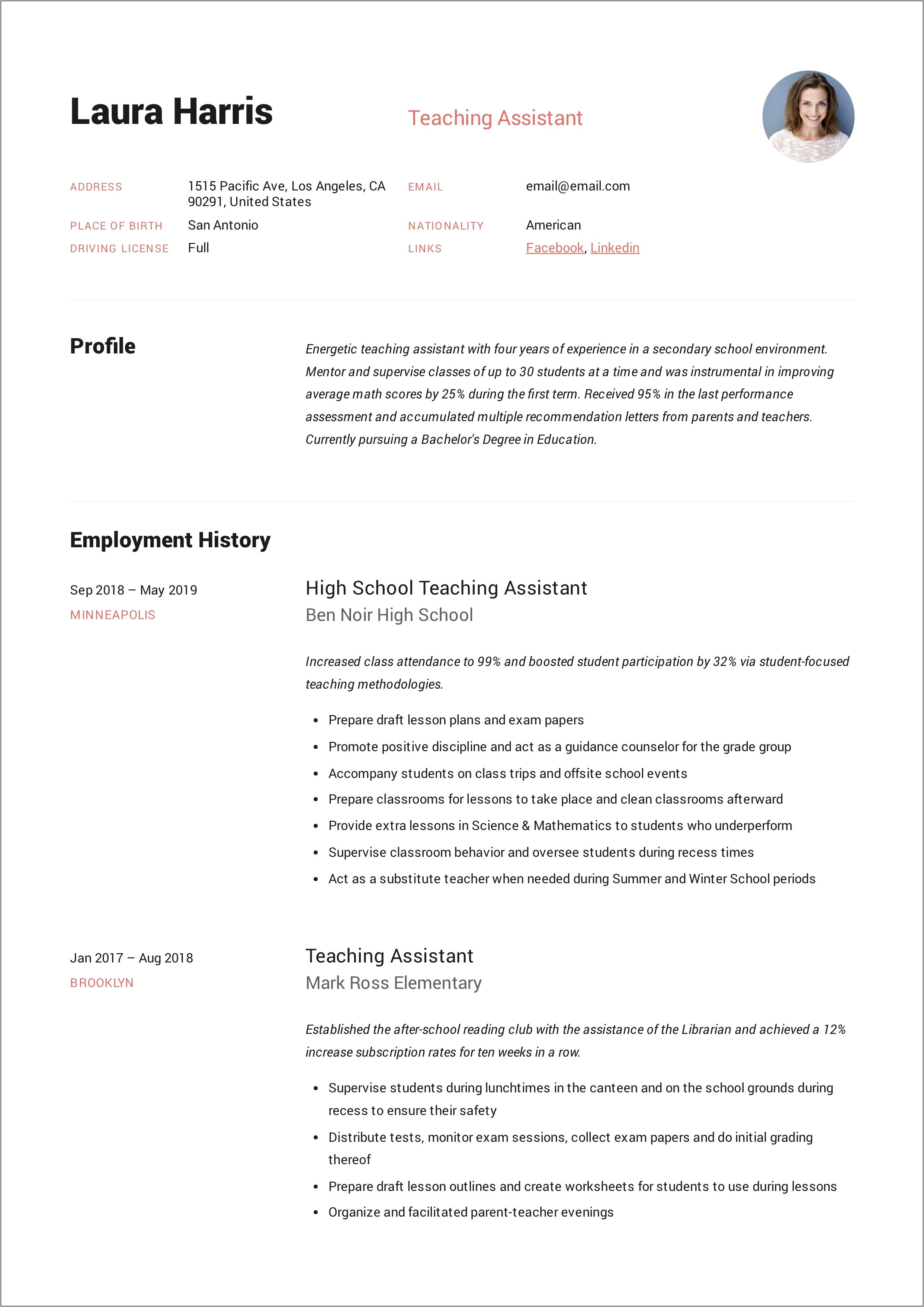 Ece Teaching Assistant Resume Samples