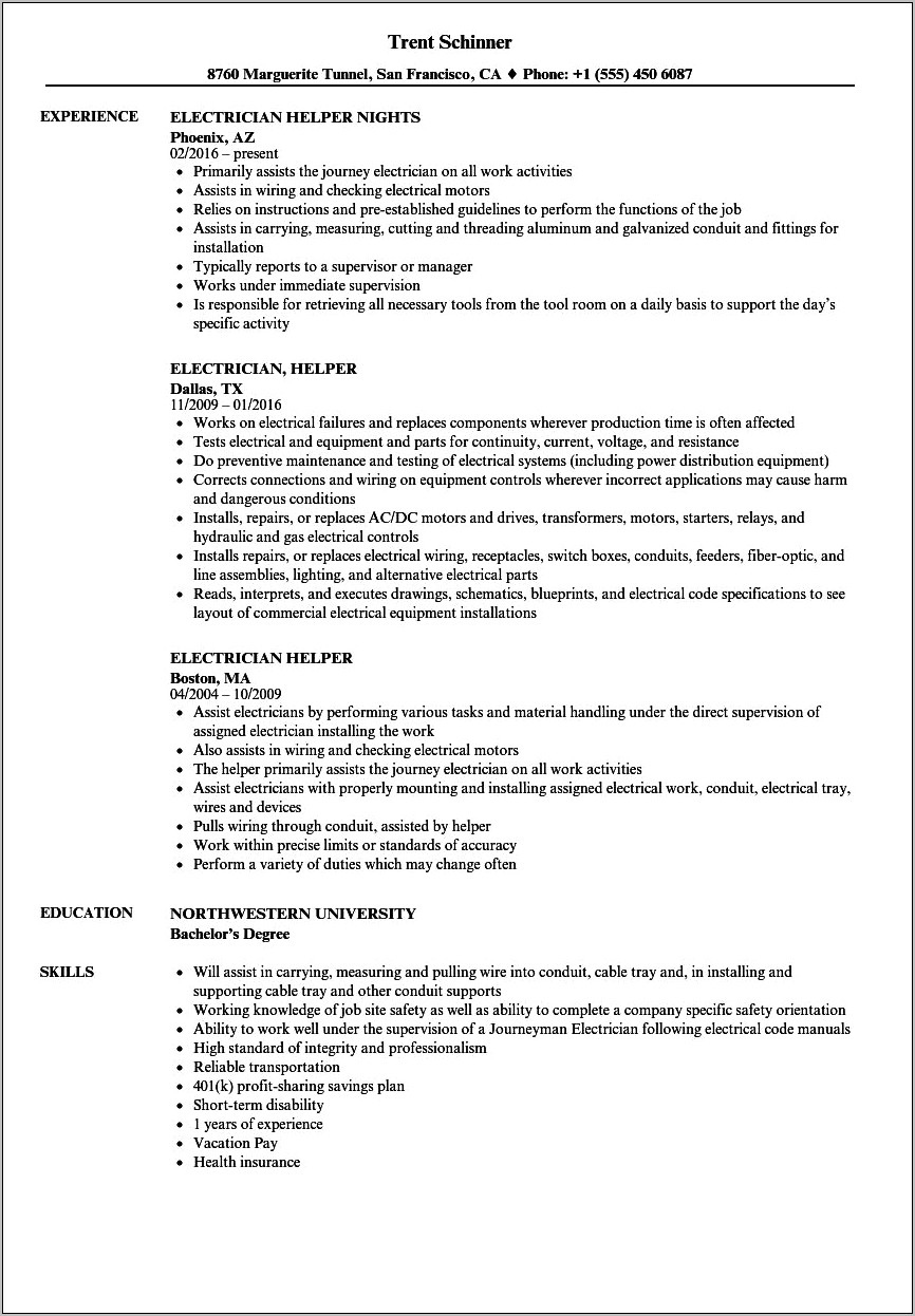 Electrician Job Description For Resume