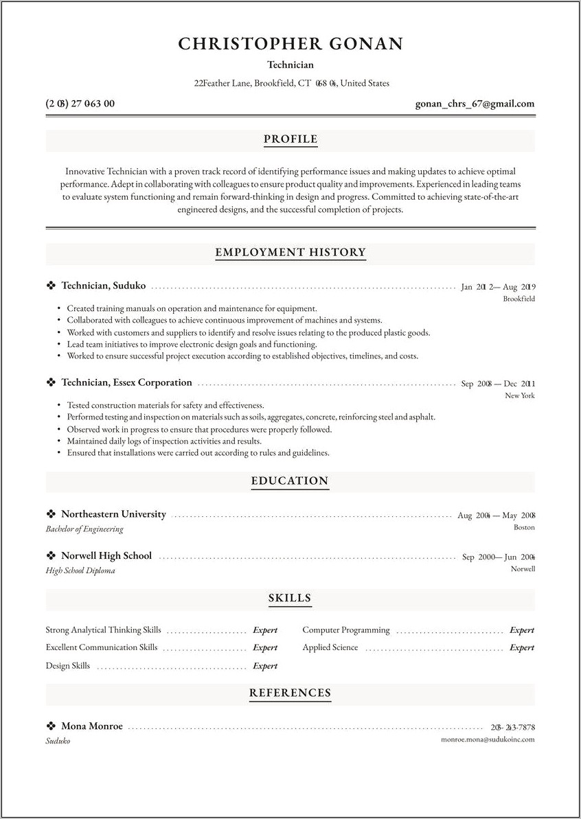 Electrician Technician Job Description Resume