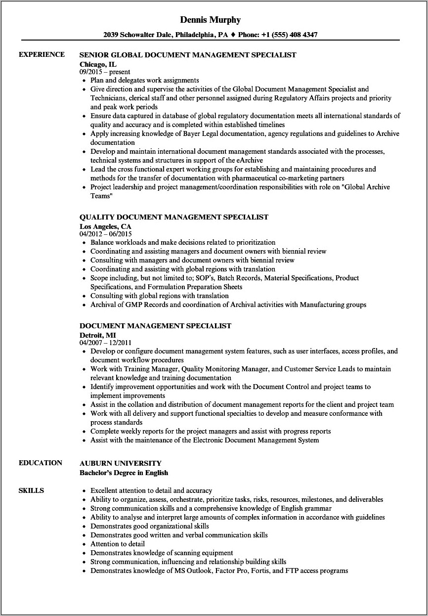 Electronic Document Management System Resume