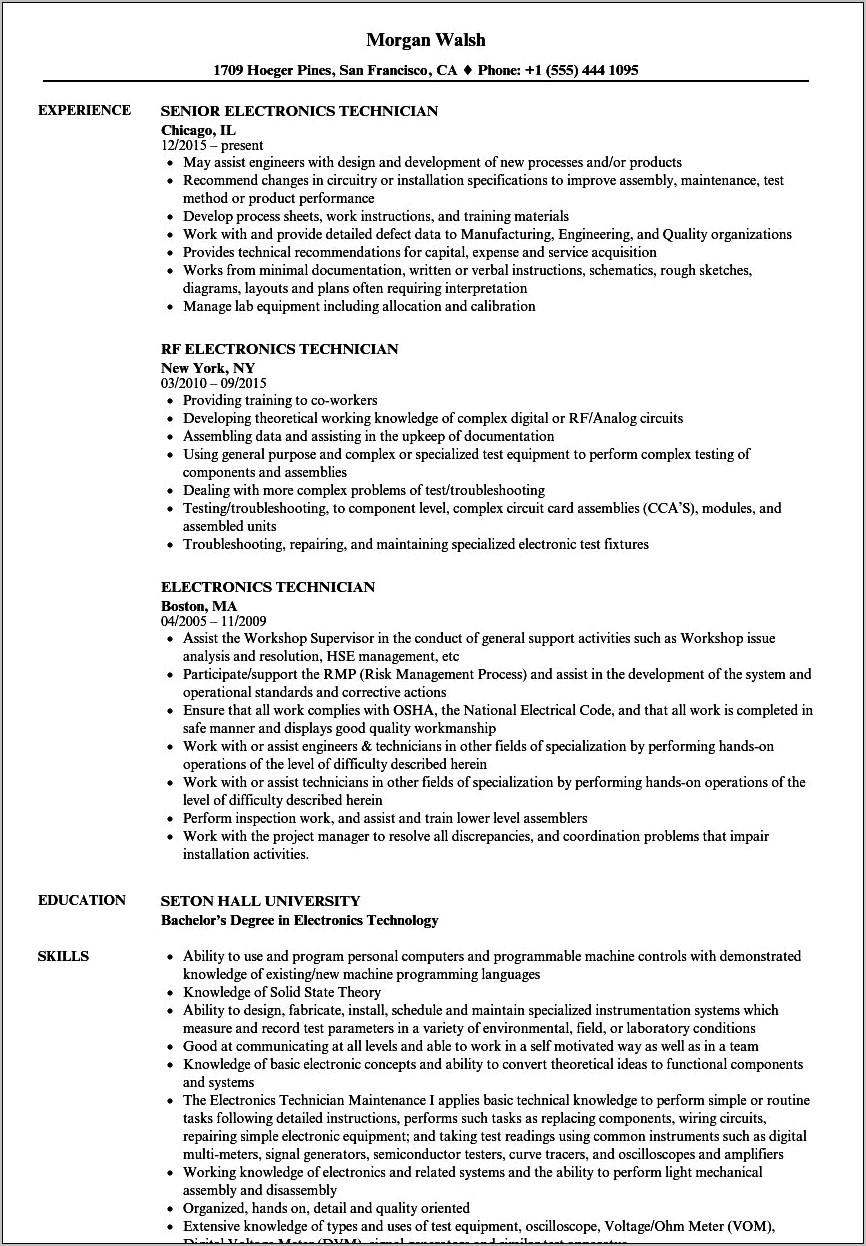 Electronics Engineering Technician Resume Sample