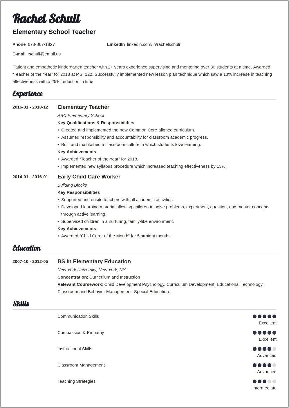 Elementar Pre Service Resume Objectives