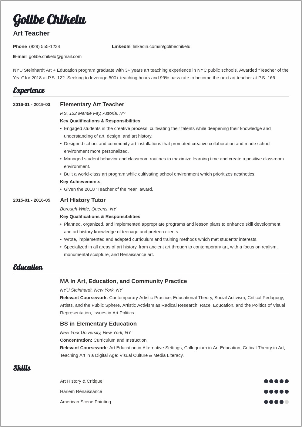 Elementary Art Teacher Resume Samples