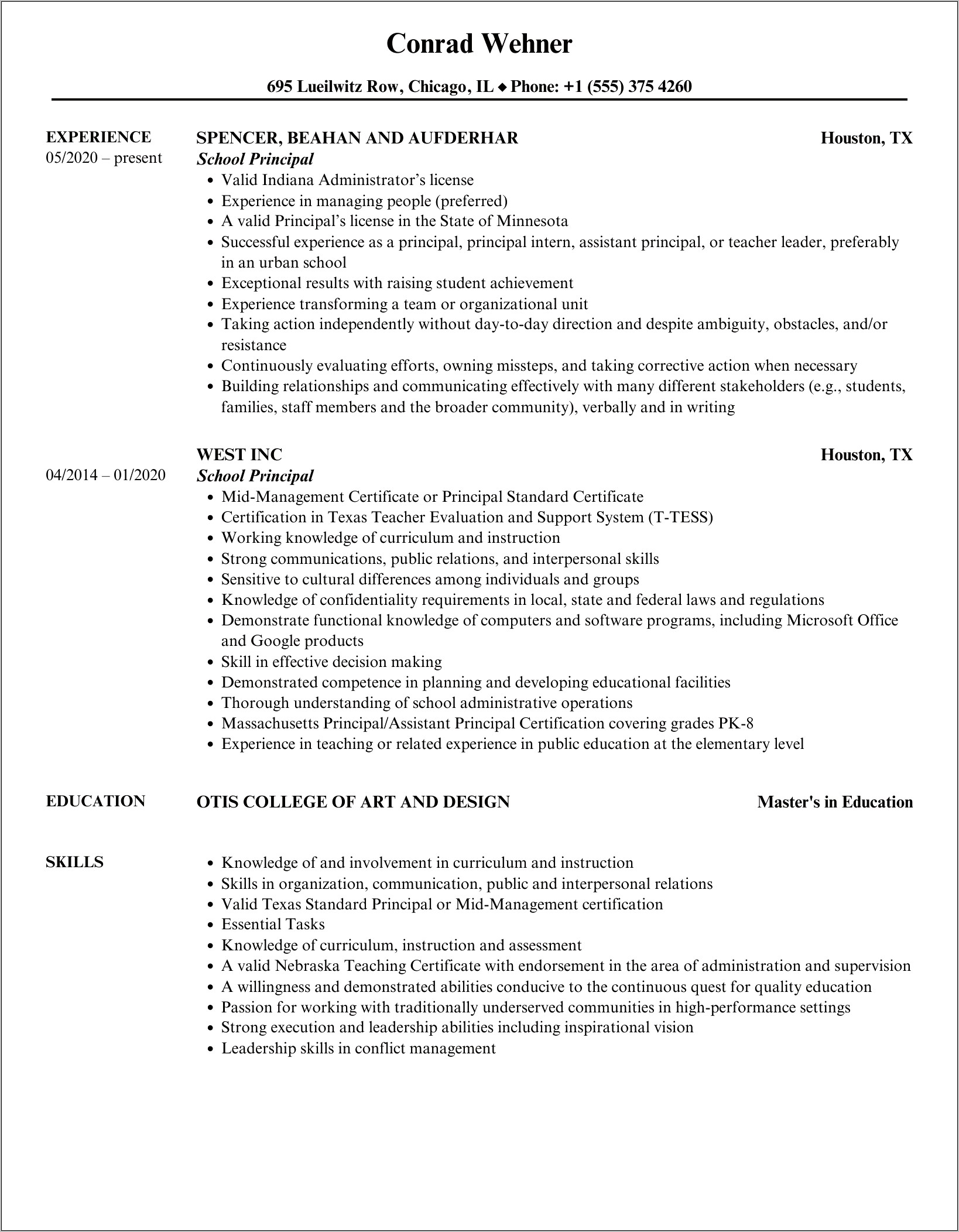 Elementary School Principal Resume Example