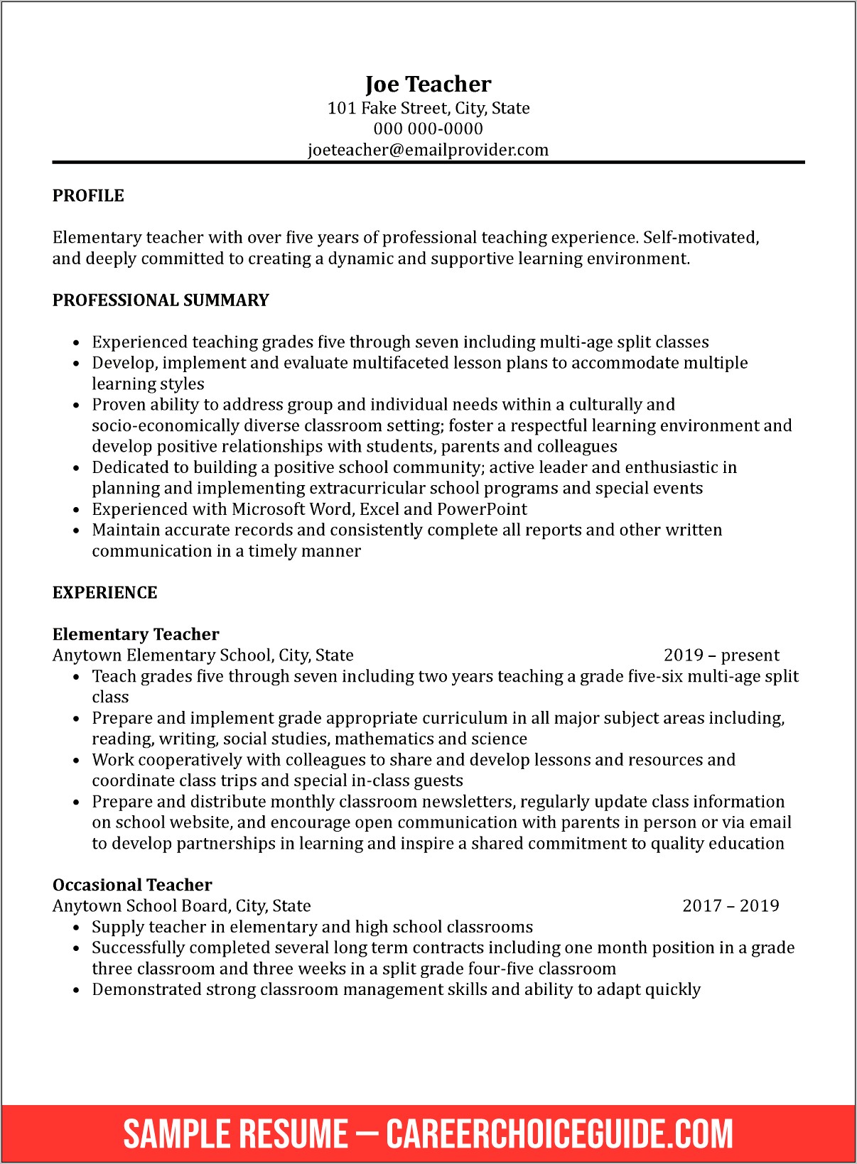 Elementary School Teacher Skills Resume