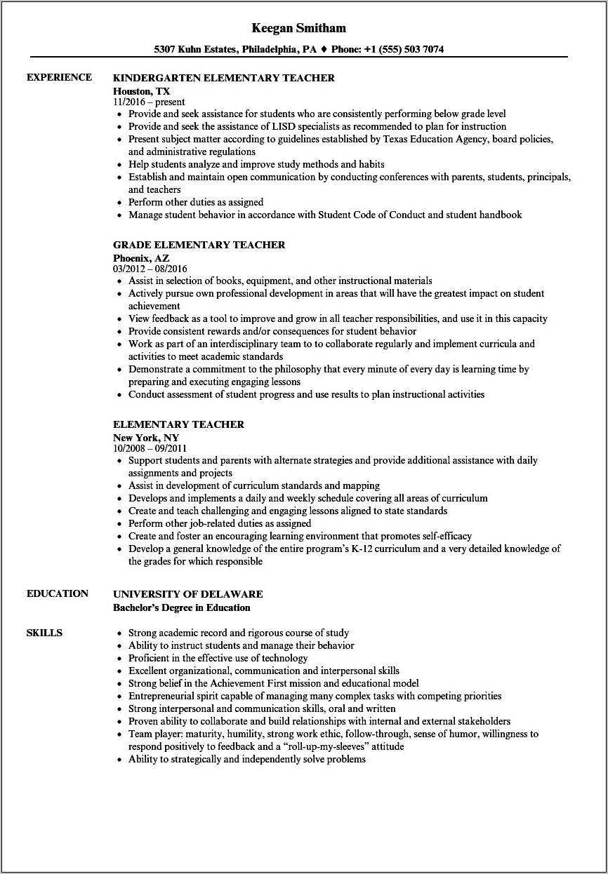 Elementary Teacher Resume Examples 2019