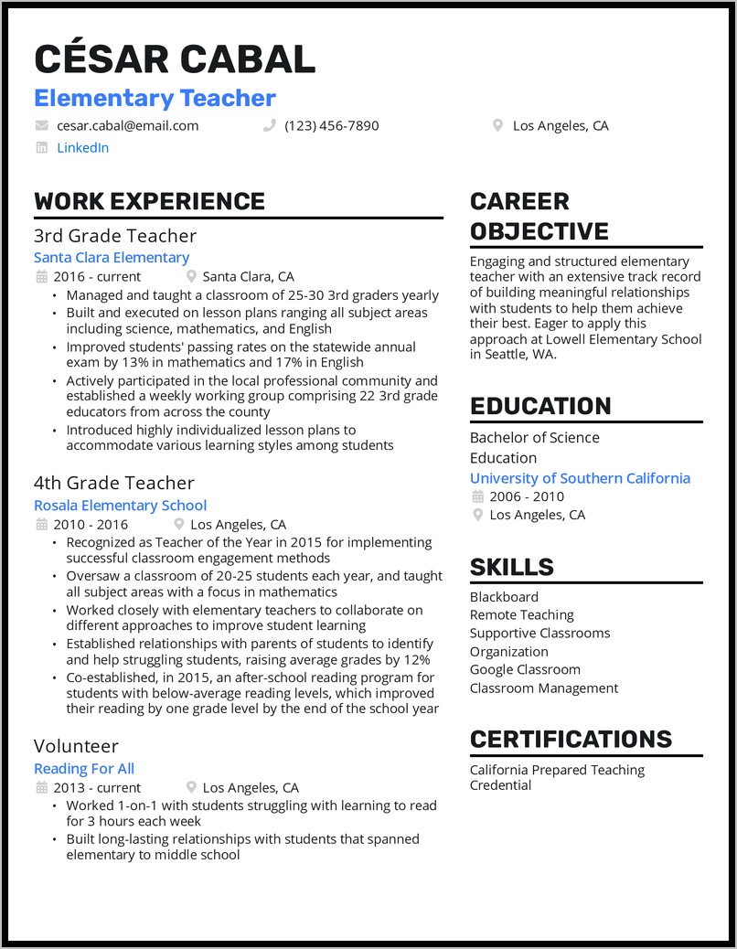 Elementary Teacher Resume Sample Pdf