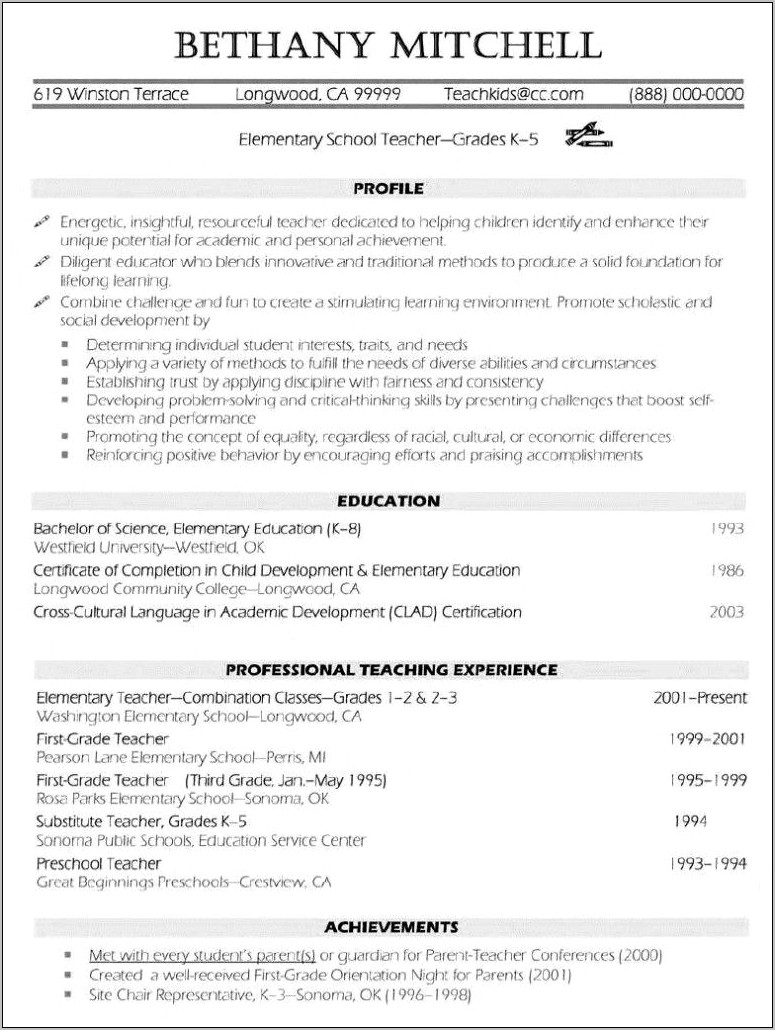 Elementary Teacher Resume Skills Examples